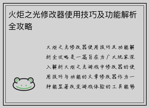 火炬之光修改器使用技巧及功能解析全攻略